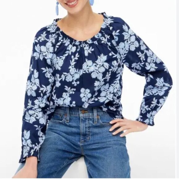 J. Crew Blue Floral Tie Back Ruffle Neck Preppy Old Money Cotton Top Size Medium - Picture 1 of 8